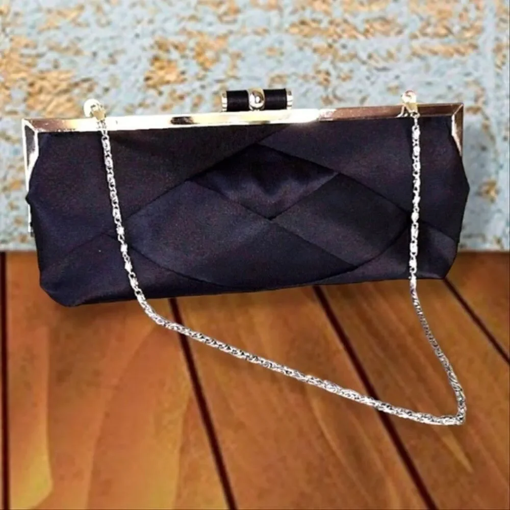 Bijoux Terner VTG Y2K Black‎ Satin Weaved Kisslock Top Evening Clutch with Chain
